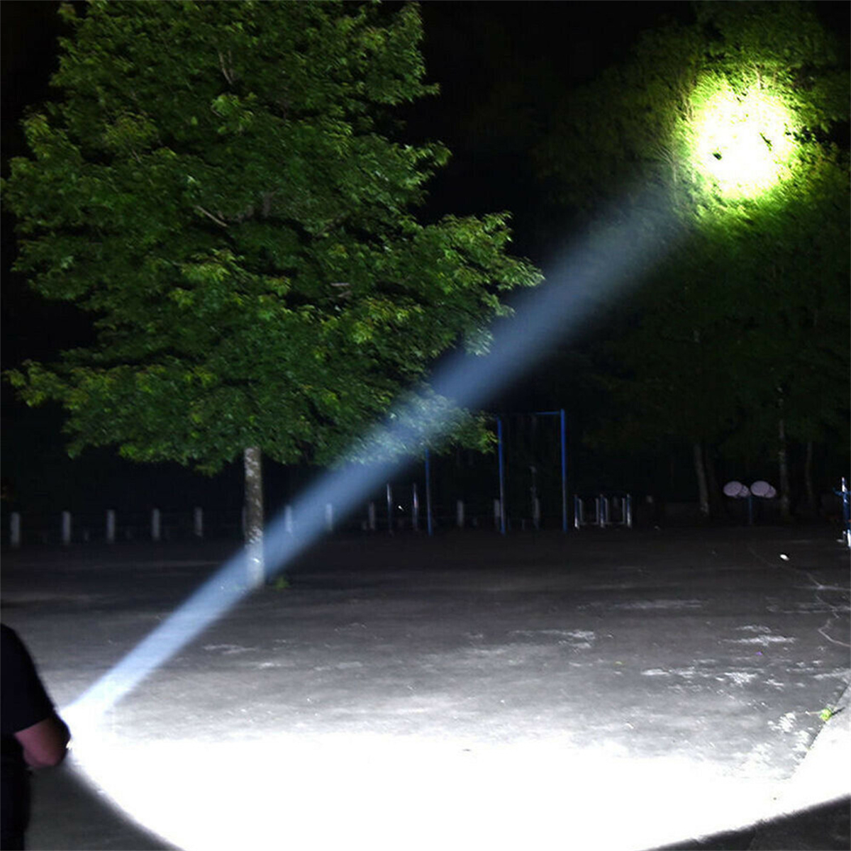 Ein Taschenlampenstrahl leuchtet nachts durch Bäume und beleuchtet einen Parkbereich. Das Licht ist hell.