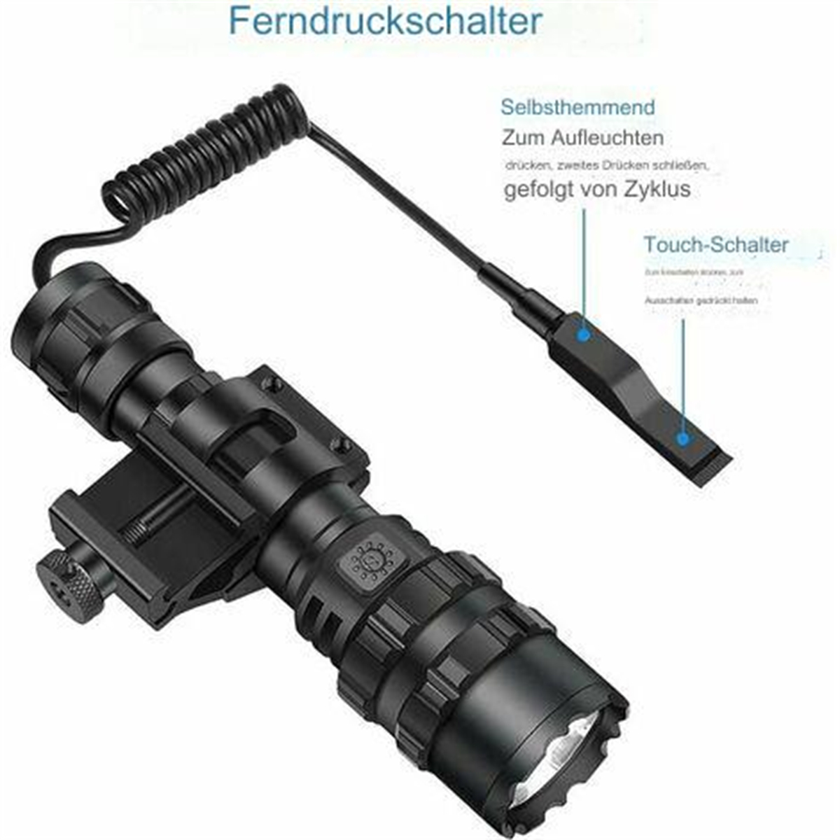 Schwarze Taschenlampe mit Kabel und Schalter. Weißer Hintergrund, technische Zeichnung.