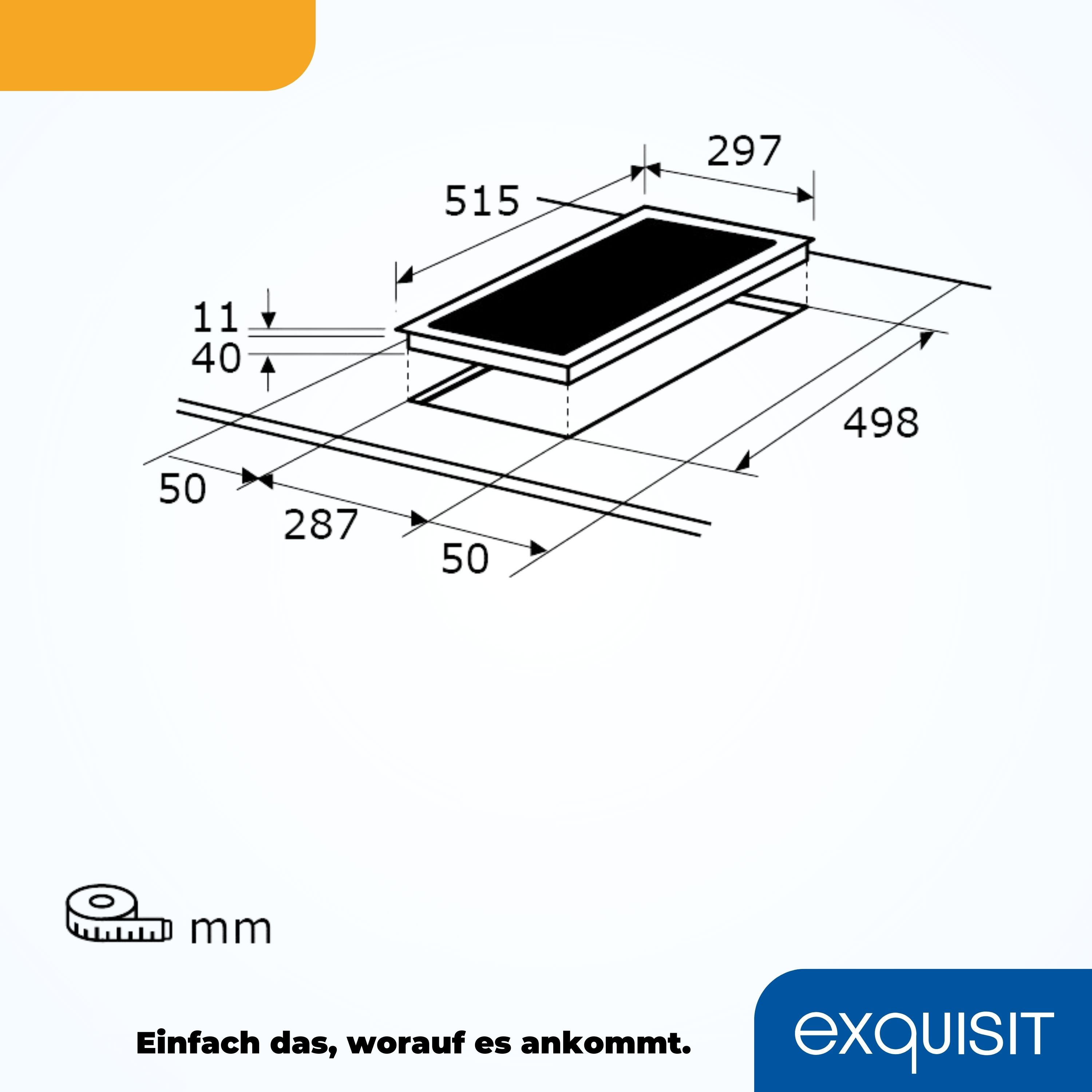 Schemat czarnej płyty grzejnej z wymiarami, z tekstem 'exquisit' w prawym dolnym rogu.