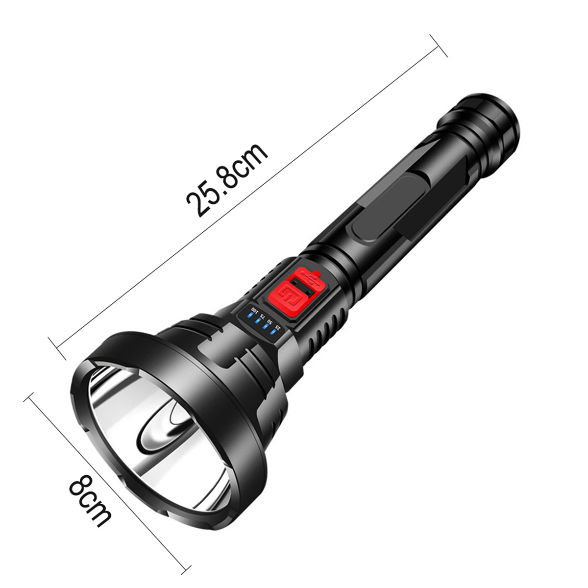 Schwarze Taschenlampe mit den angegebenen Abmessungen: 25,8 cm x 8 cm. Weißer Hintergrund.