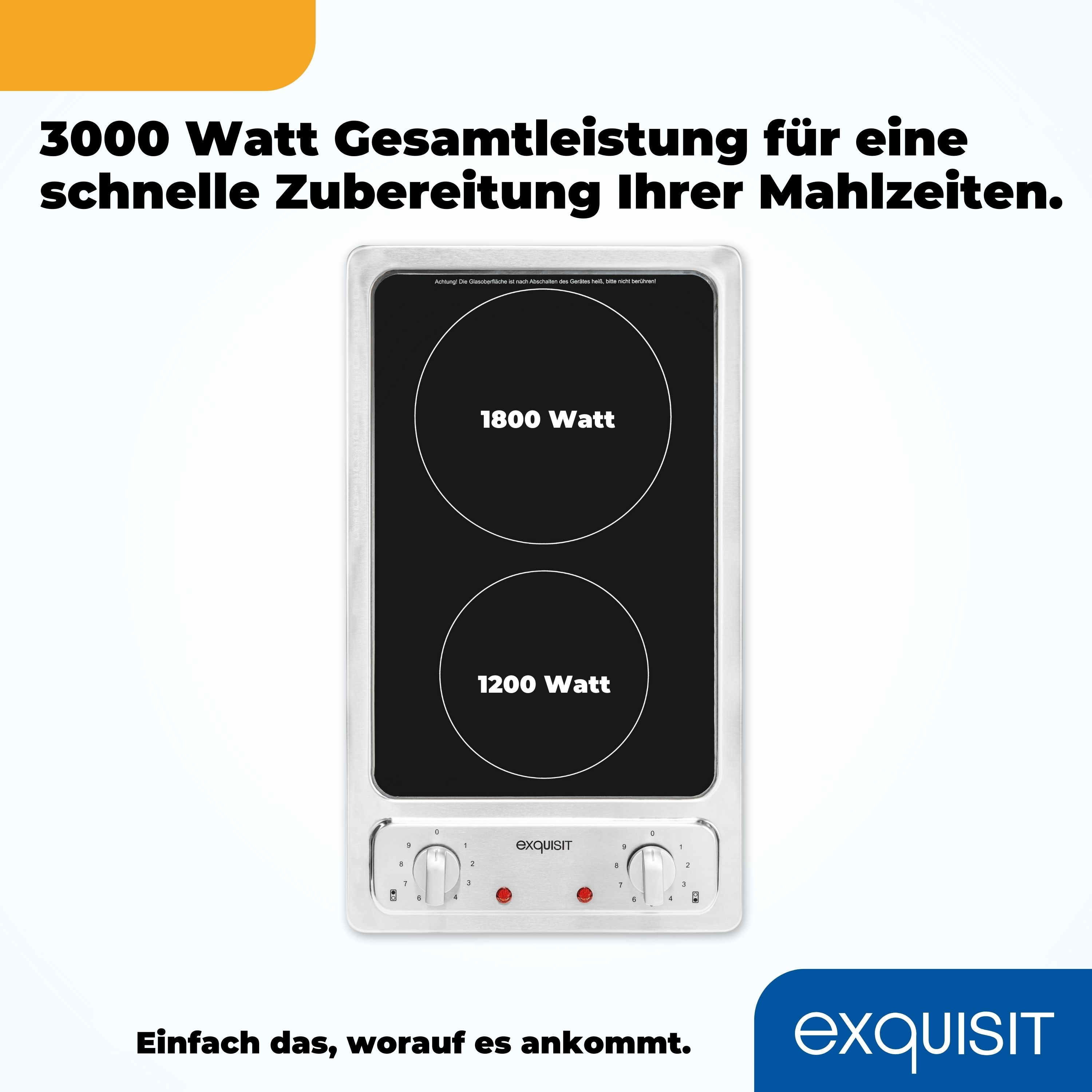 Biała płyta kuchenna z dwoma palnikami. Tekst mówi o mocy 3000 watów dla szybkiego gotowania.