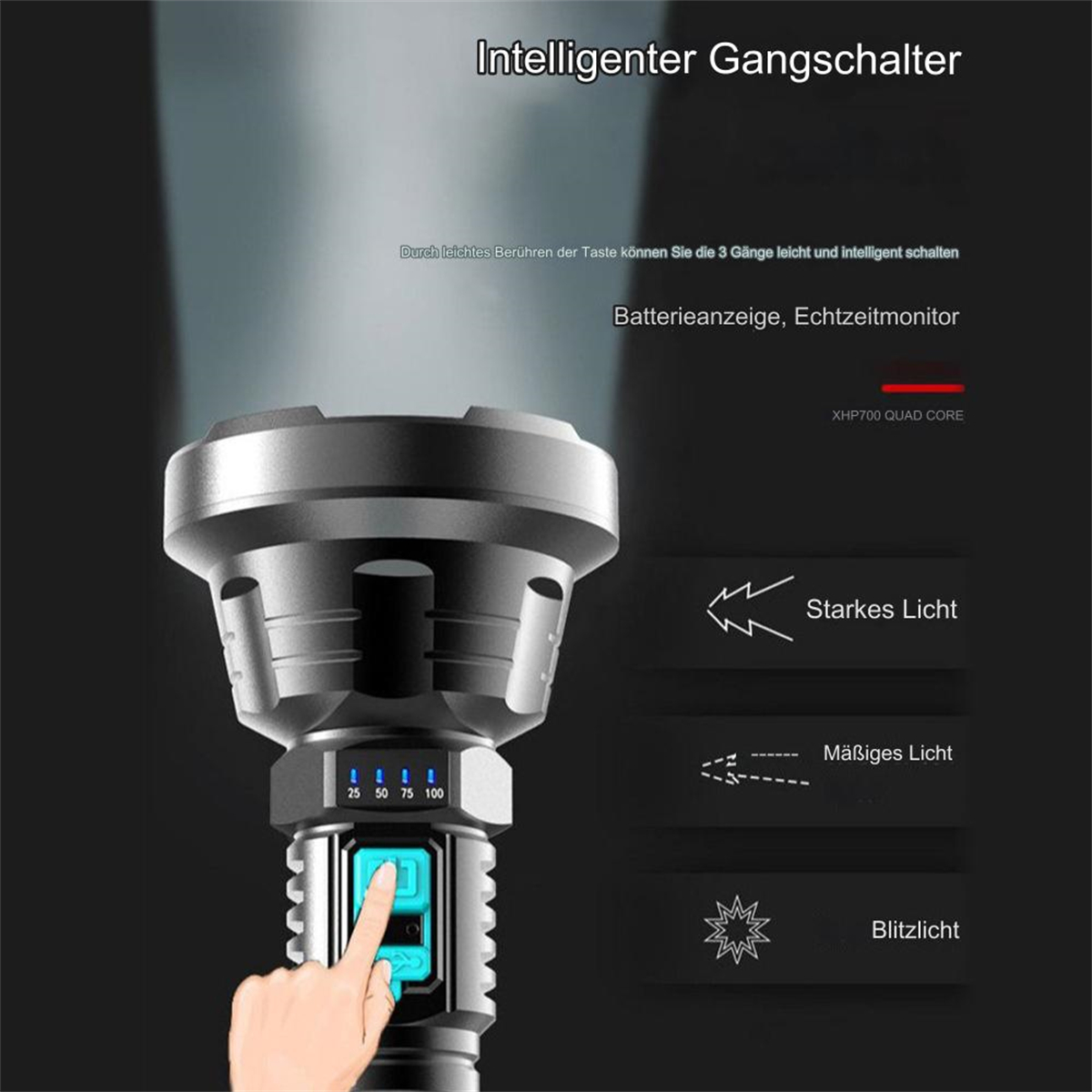 Eine schwarz-graue Taschenlampe mit einem Bedienfeld. Der Lichtstrahl wird gezeigt.