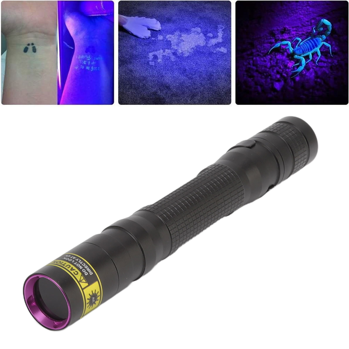 Bilder von UV-Licht, das Tätowierungen, Fingerabdrücke und einen Skorpion zeigt. Eine schwarze Taschenlampe ist ebenfalls abgebildet.