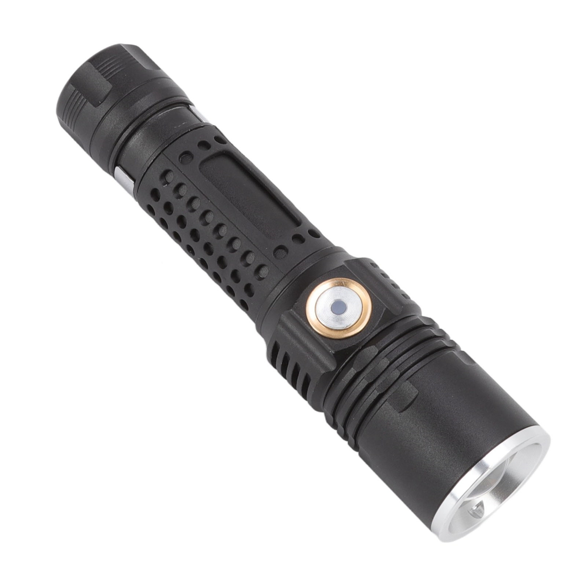 Eine schwarze Taschenlampe mit strukturiertem Gehäuse und silbernem Ende. Die Lichtquelle ist von einem Goldring umgeben.
