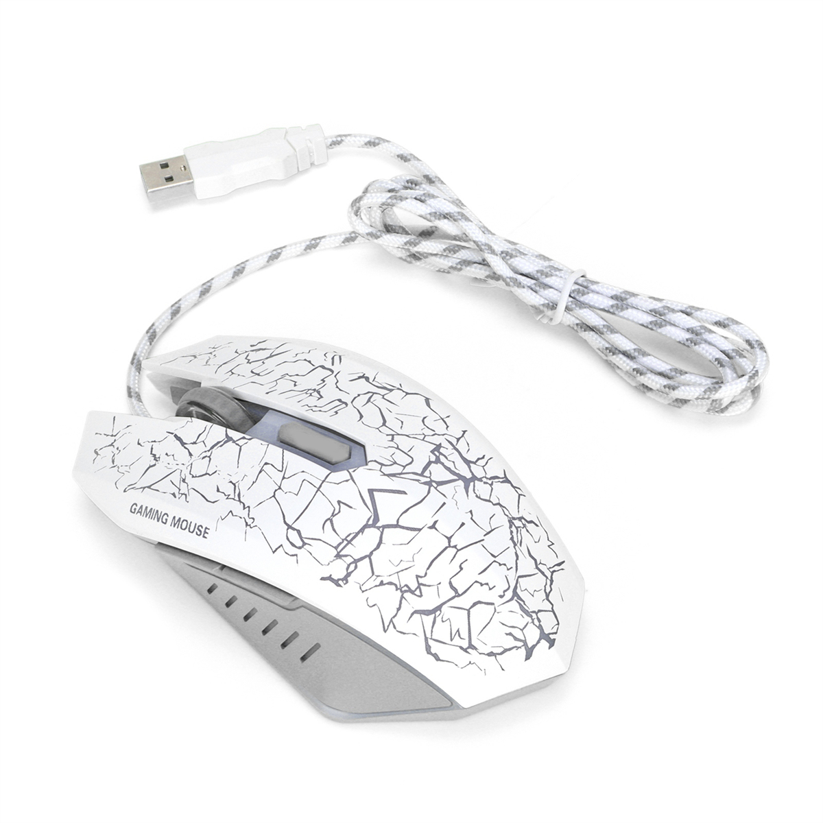 Gaming-Maus mit weiß-grauem Rissdesign. Sie hat ein USB-Kabel und ein Scrollrad.