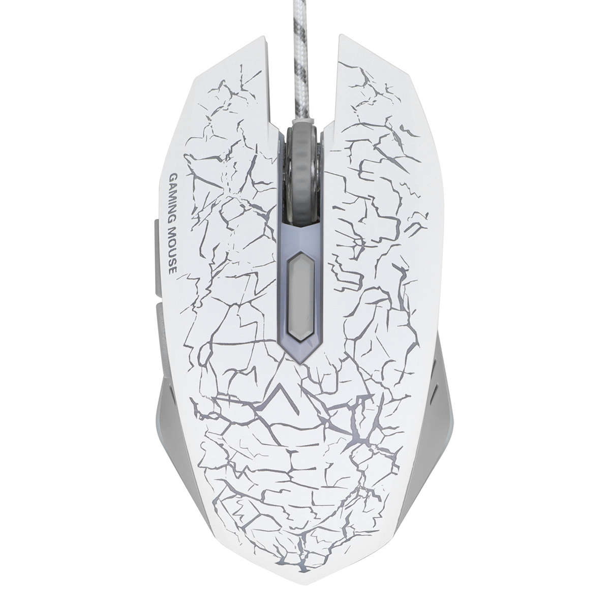 Weiße Gaming-Maus mit rissartigem Design und grauen Akzenten, Draufsicht.