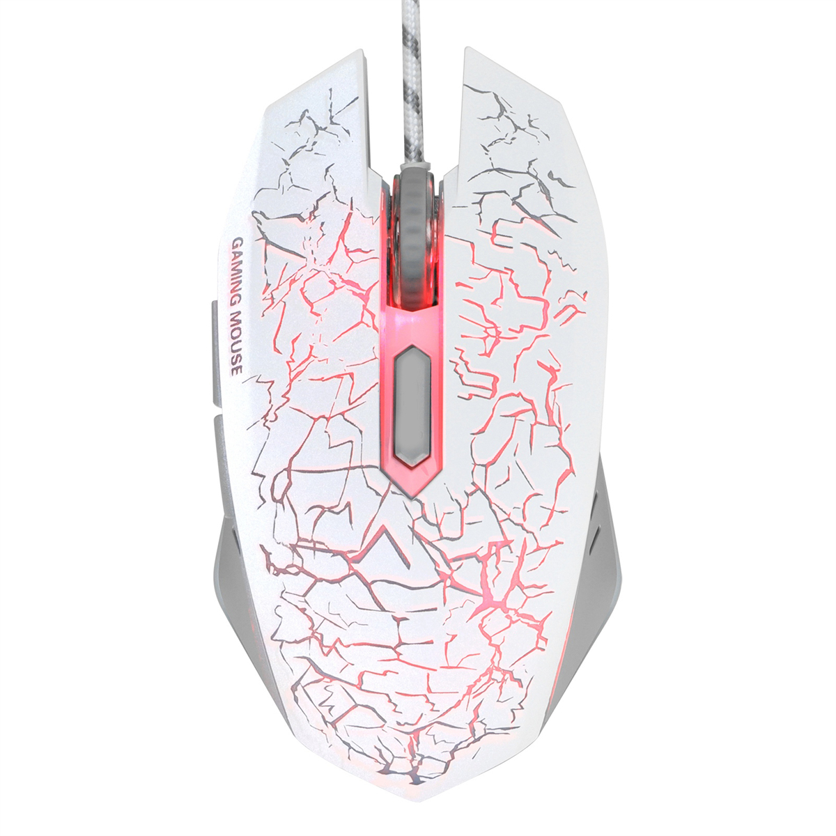 Weiße Gaming-Maus mit rotem Riss-Design und geflochtenem Kabel, Draufsicht.