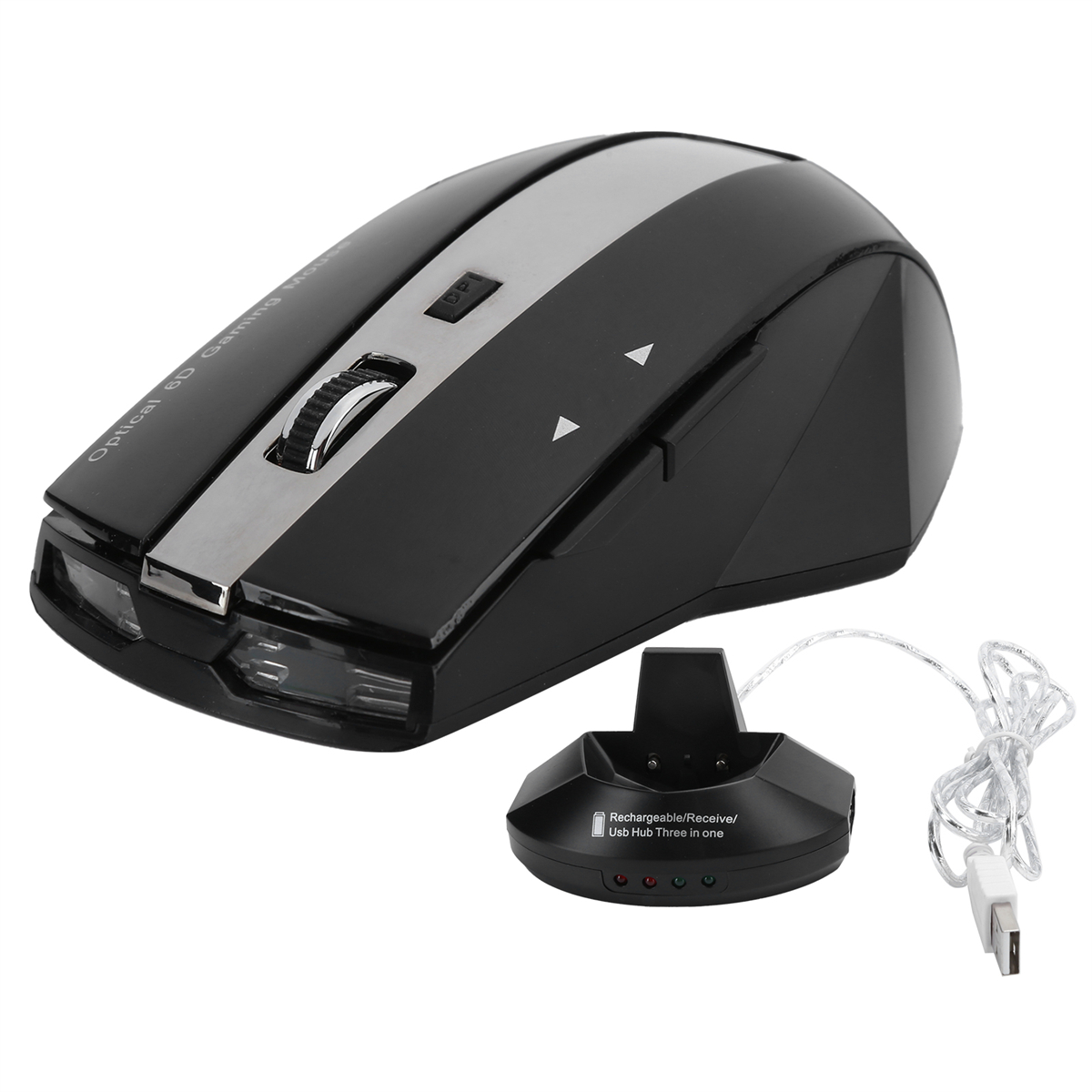 Schwarze und silberne Gaming-Maus und ihre Ladestation. Ein USB-Kabel ist mit der Dockingstation verbunden.