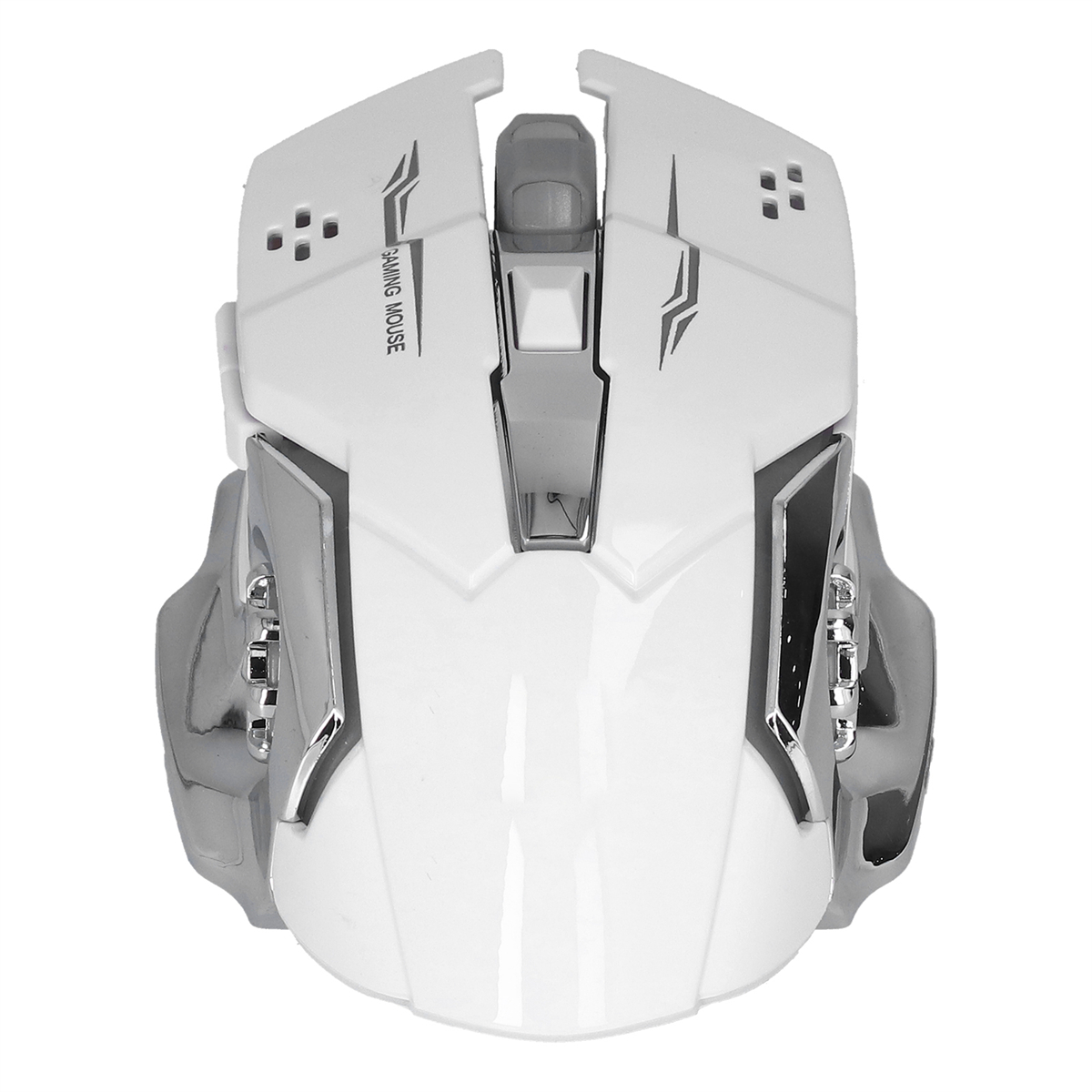 Weiße Gaming-Maus mit silbernen Akzenten, Draufsicht.