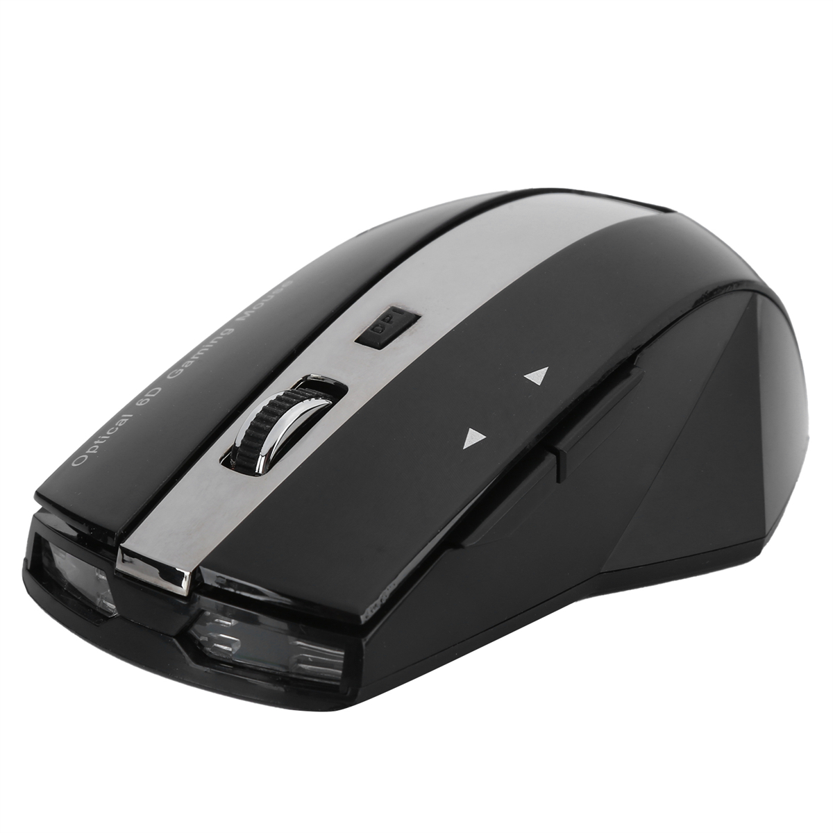 Eine schwarze und silberne kabellose Maus mit Scrollrad und Tasten, auf weißem Hintergrund.