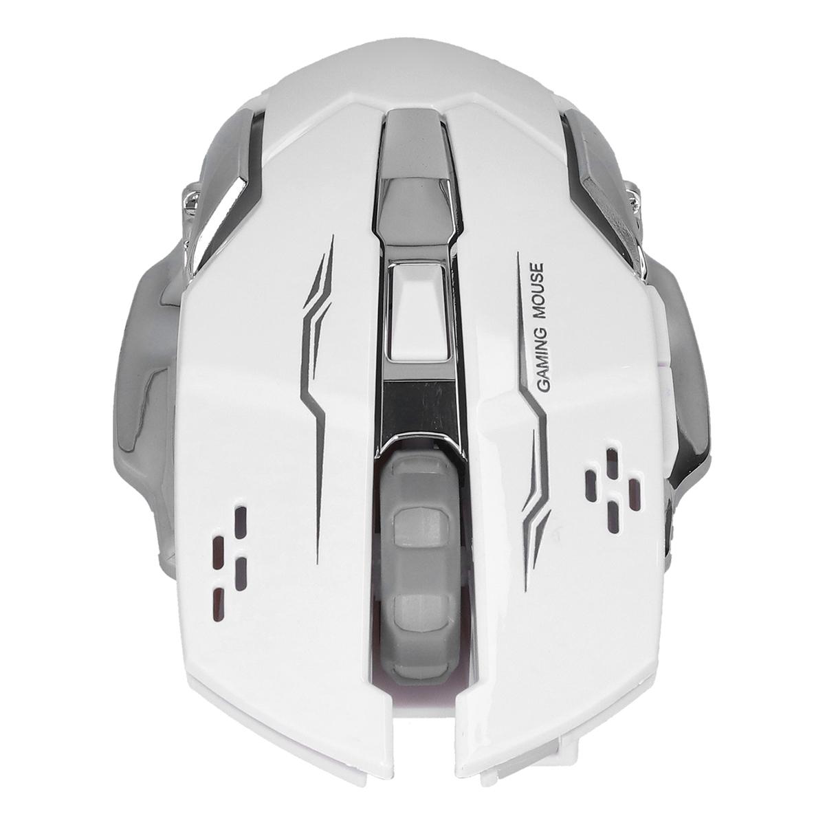 Weiße Gaming-Maus mit silbernen Akzenten und einem Scrollrad, von oben betrachtet.