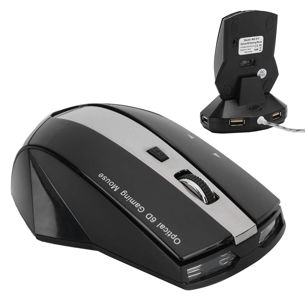 Schwarze und silberne Gaming-Maus mit Ladestation. Weißer Hintergrund und USB-Kabel.