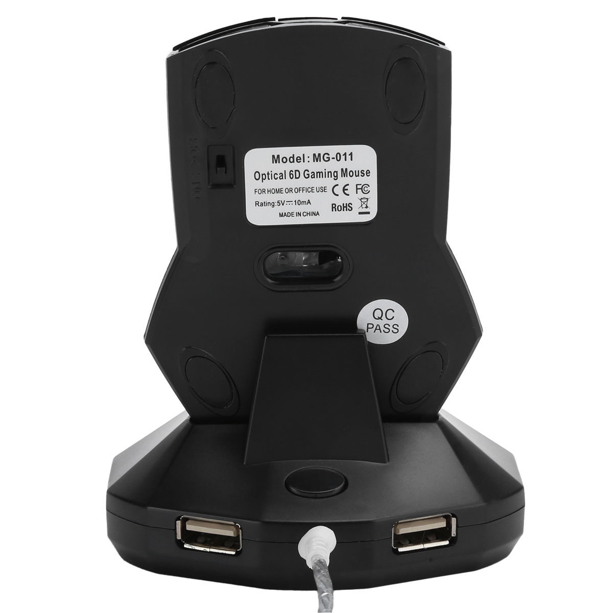 Schwarze Gaming-Maus-Ladestation mit USB-Anschlüssen und Produktinfo.