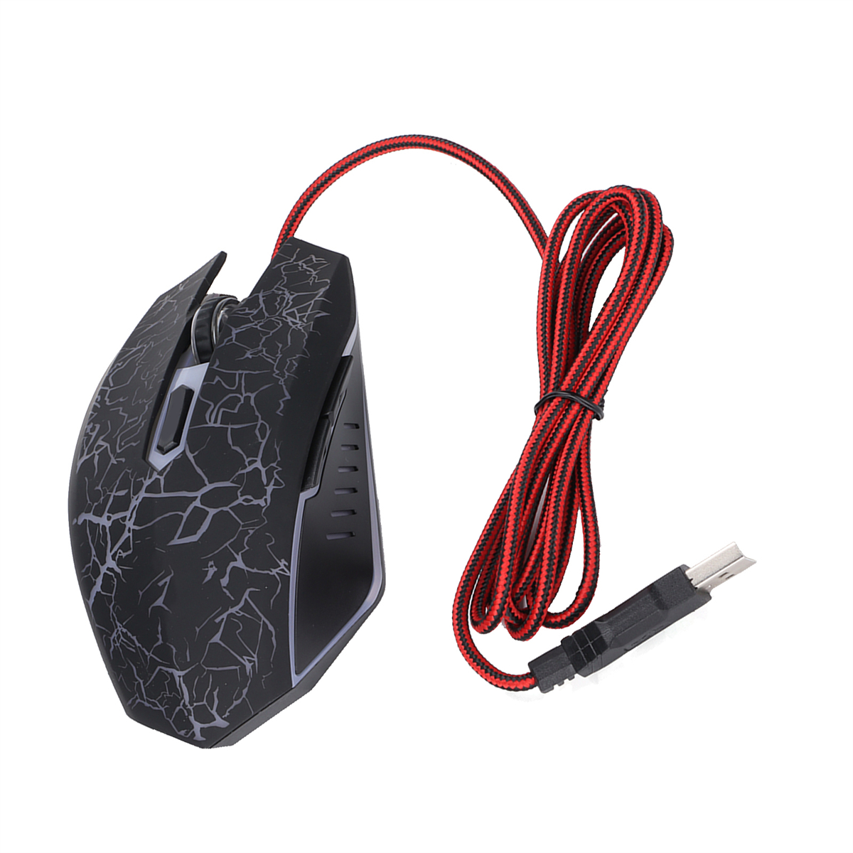 Schwarze Gaming-Maus mit rotem geflochtenem Kabel und USB-Anschluss.