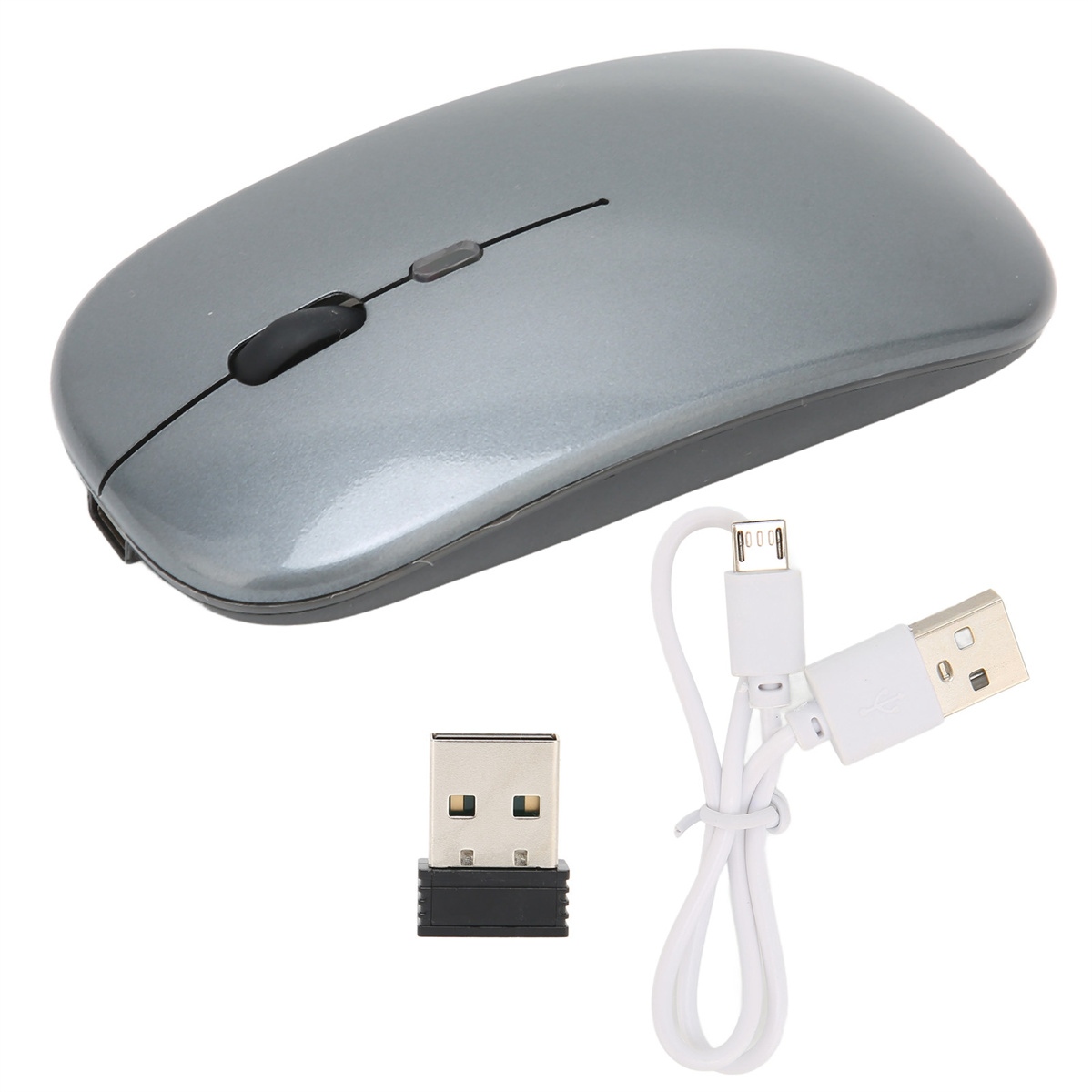 Graue kabellose Maus mit USB-Empfänger und Ladekabel. Weißer Hintergrund.