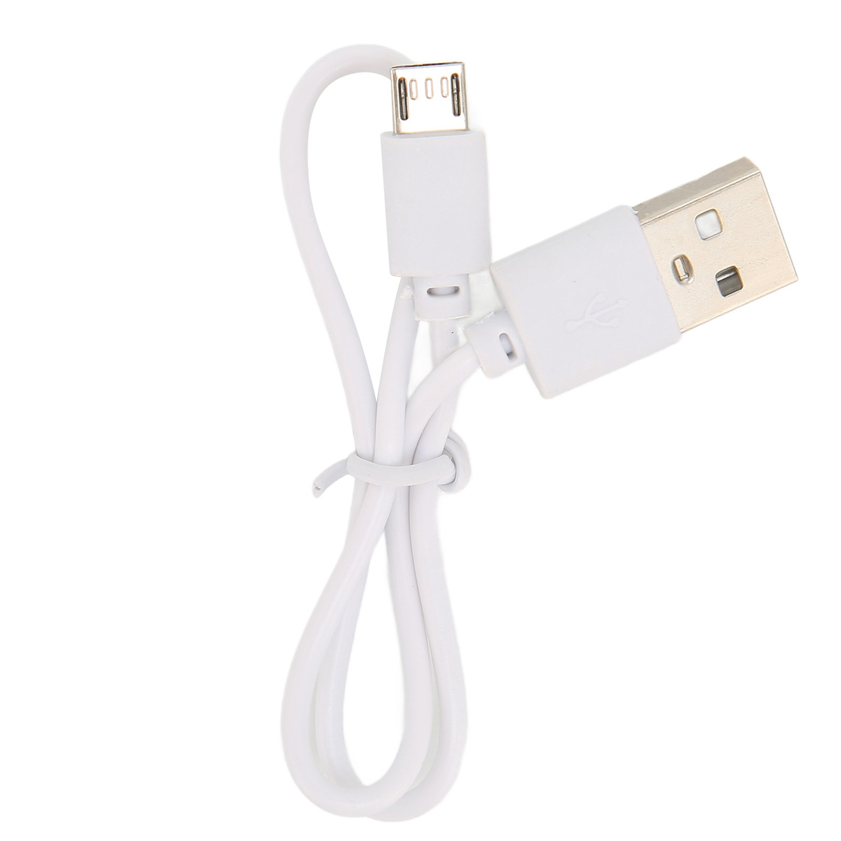 Ein weißes USB-Ladekabel mit einem USB-A- und einem Micro-USB-Anschluss.