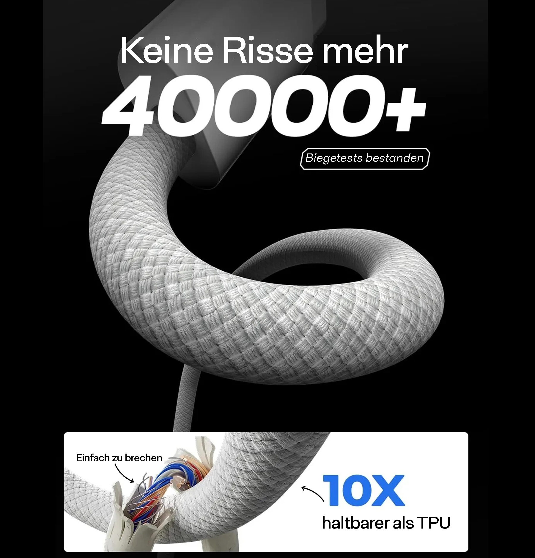 Weißes Kabel mit strukturiertem Design, in einer Schleife gebogen. Text 40000+.