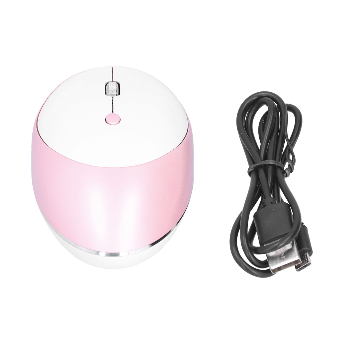 Eine weiße und rosa kabellose Maus mit Ladekabel. Die Maus ist gebogen und hat ein Scrollrad.
