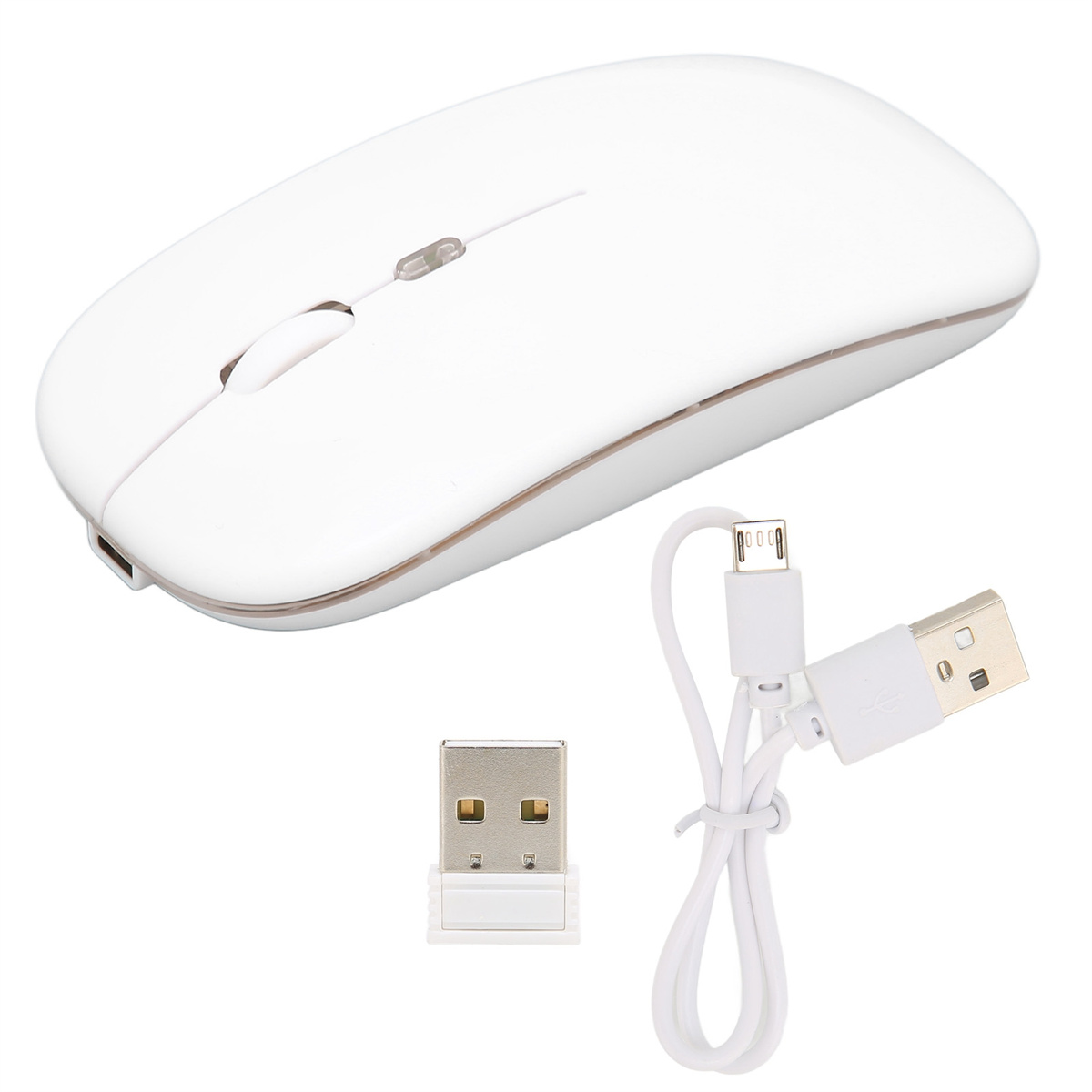 Weiße kabellose Maus, USB-Empfänger und Ladekabel auf Weiß. Maus hat eine Taste.