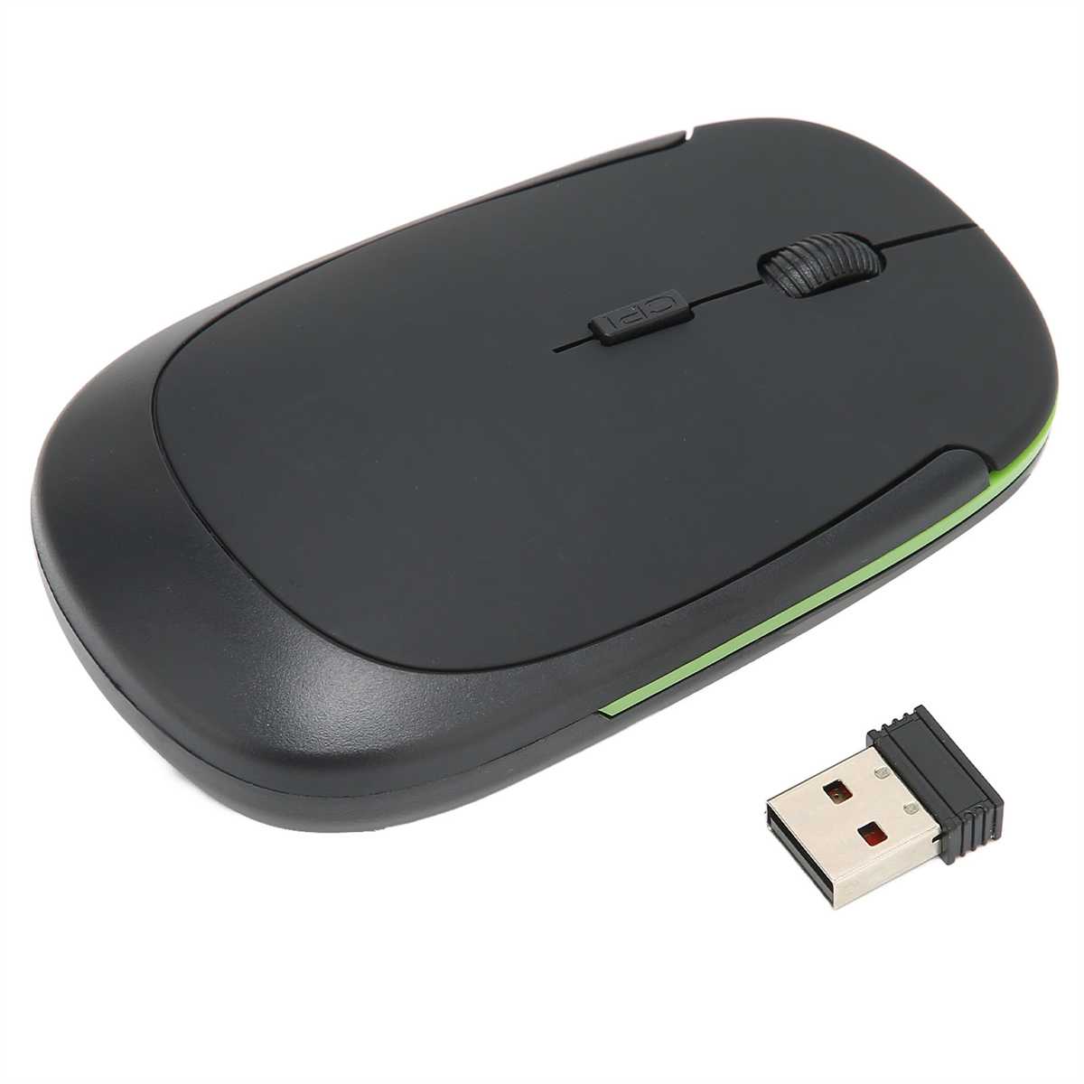 Schwarze kabellose Maus mit USB-Empfänger. Weißer Hintergrund, grüne Akzente.