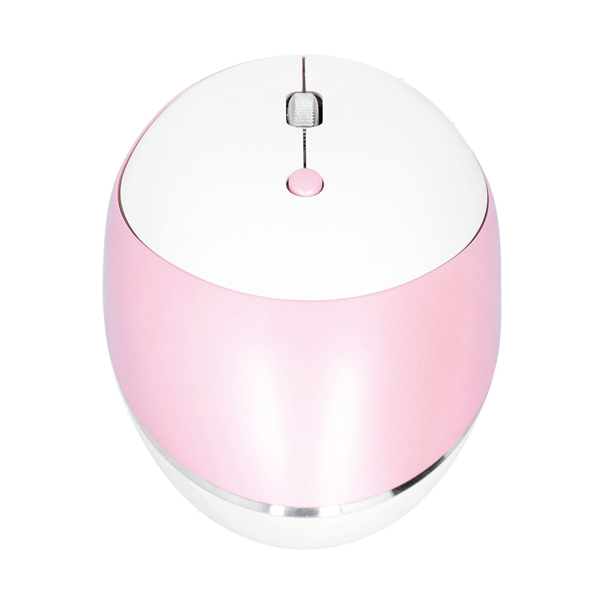 Eine pinke und weiße kabellose Maus, mit Scrollrad und Tasten, vor weißem Hintergrund.