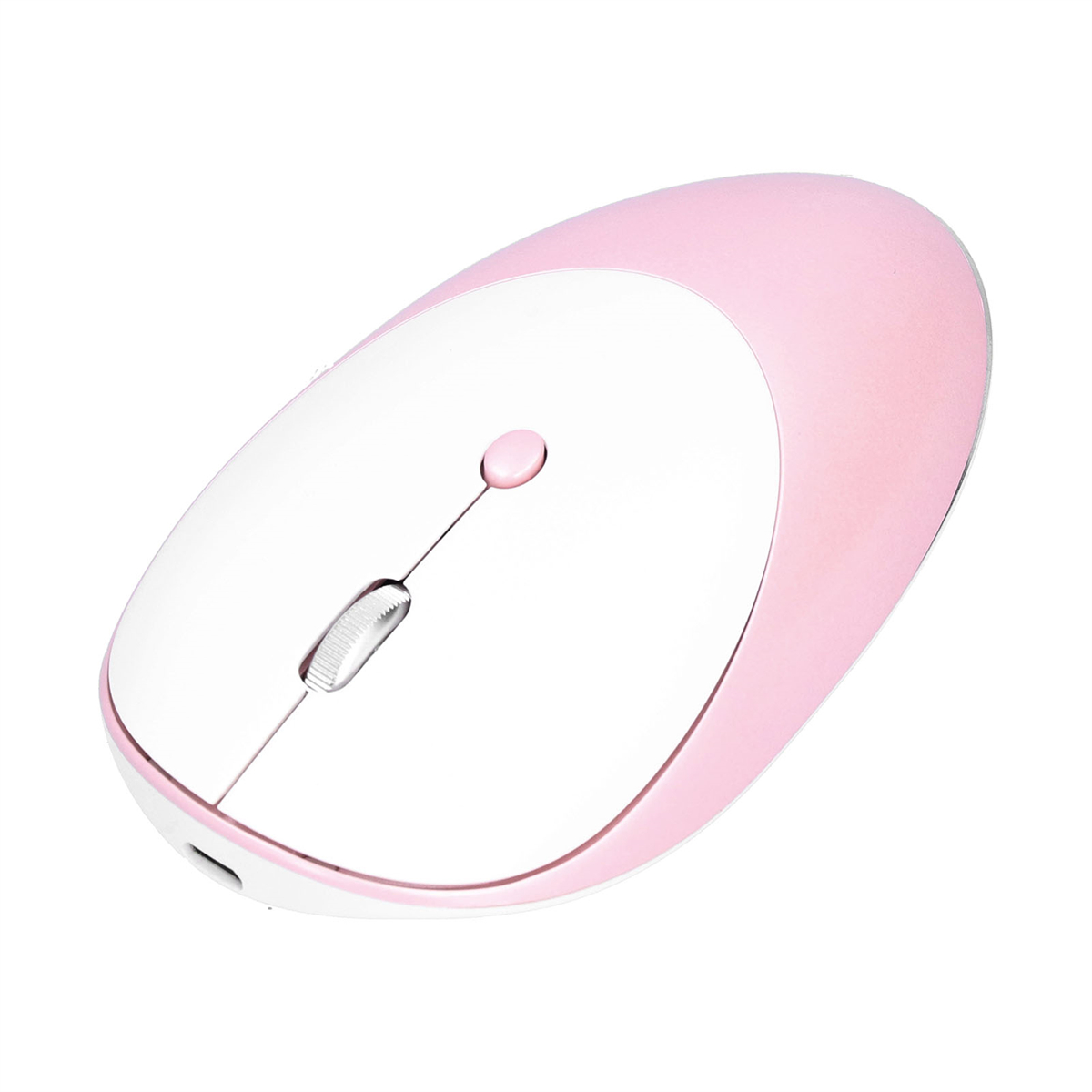 Eine rosa und weiße kabellose Maus mit Scrollrad und Ladeanschluss, auf weißer Oberfläche.