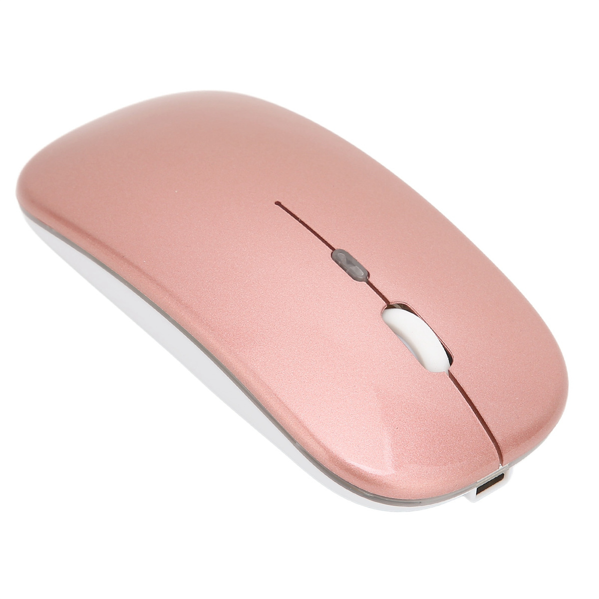Eine kabellose Computermaus, roségoldfarben, mit einem Scrollrad.