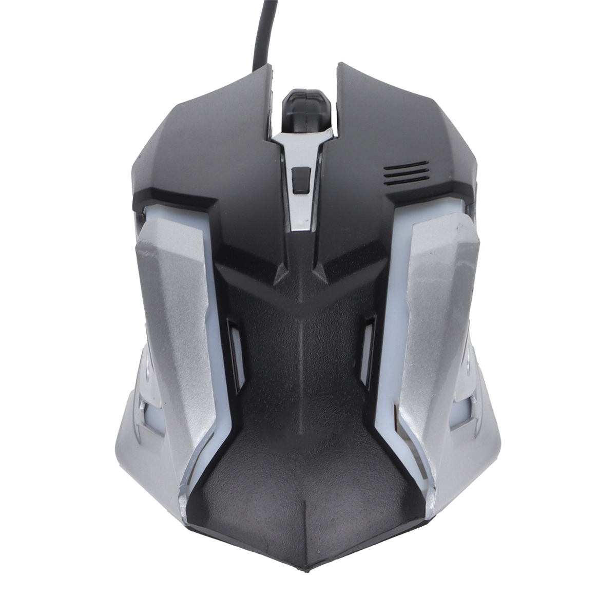 Eine Computermaus mit einem schwarzen und silbernen Design. Sie hat einen futuristischen Look.