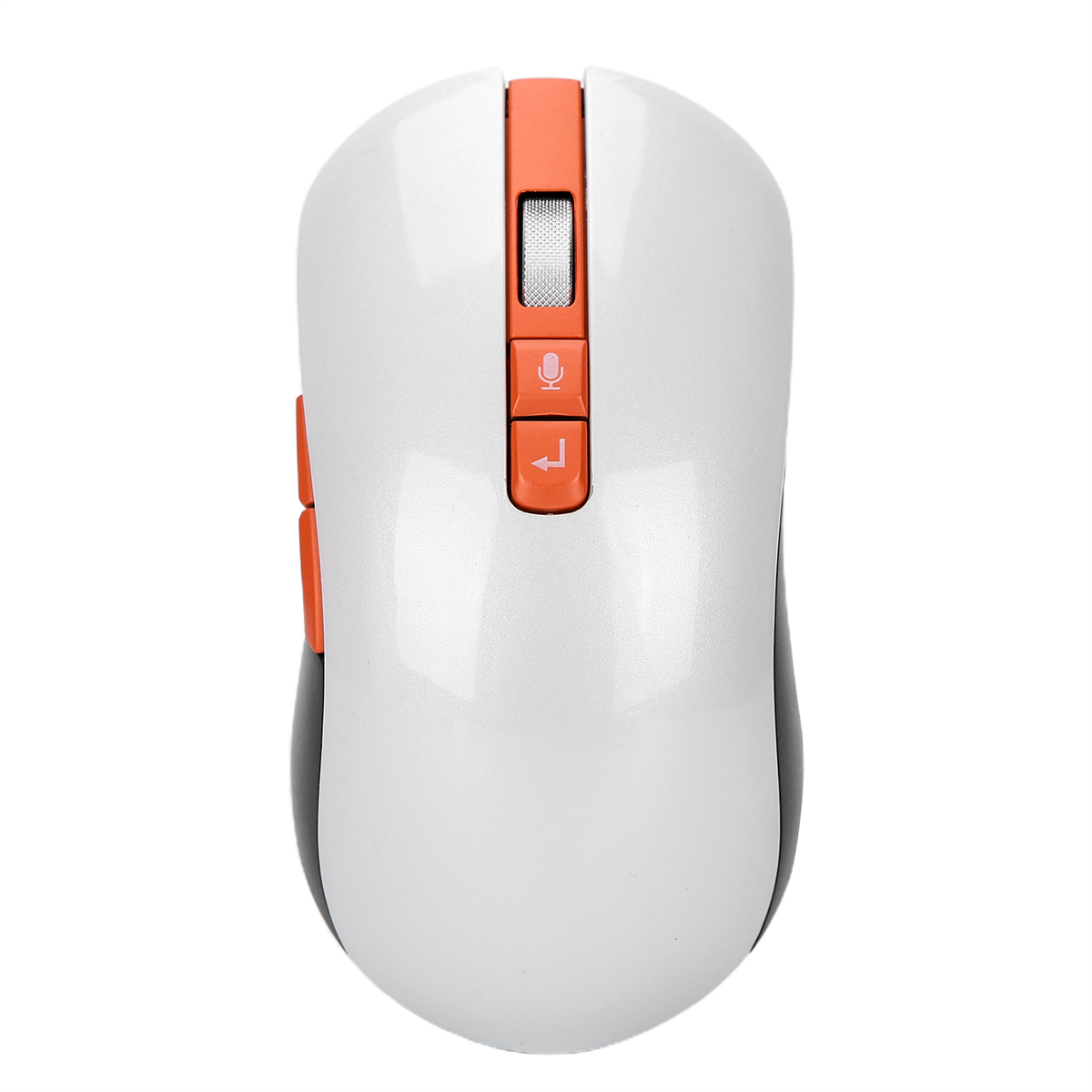 Weiße Gaming-Maus mit orangenen Tasten und Scrollrad. Sie hat ein gebogenes Design und ist abgewinkelt.