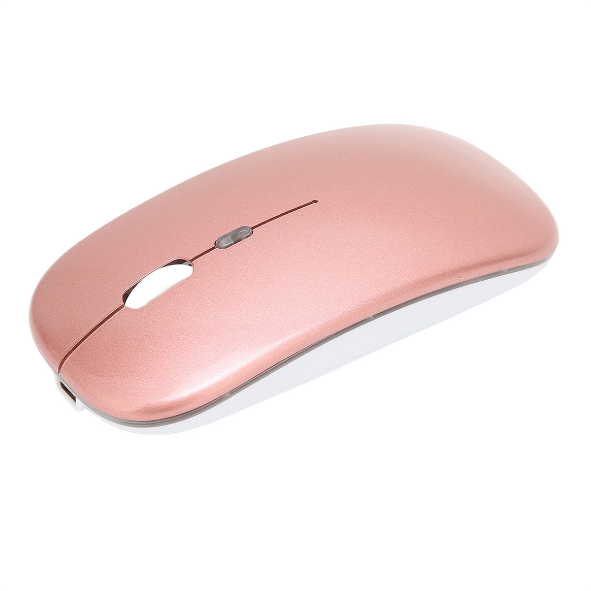 Roségoldene kabellose Maus. Die Maus hat ein Scrollrad und ist oval mit weißer Basis.