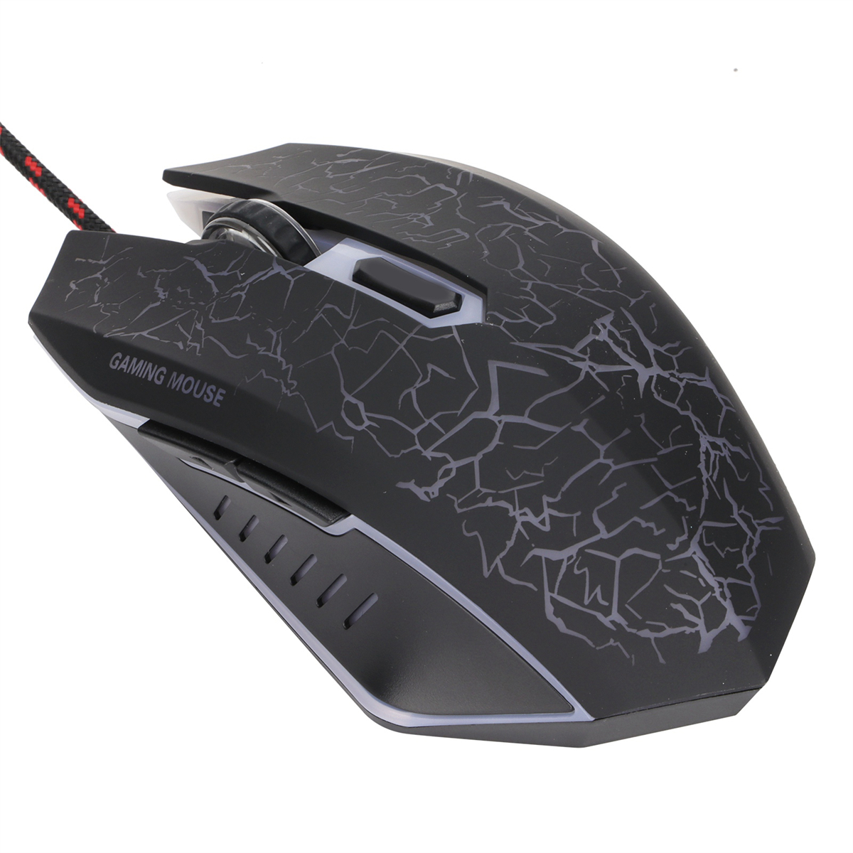 Schwarze Gaming-Maus mit Riss-Design und rot-schwarzem Kabel.