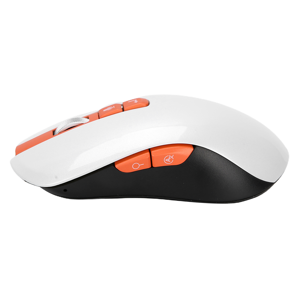 Eine weiße und orangefarbene Computermaus mit Tasten und einem Scrollrad. Schwarze Basis.