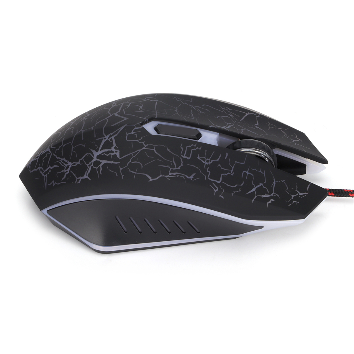 Schwarze Gaming-Maus mit Rissmuster und rotem Kabel.