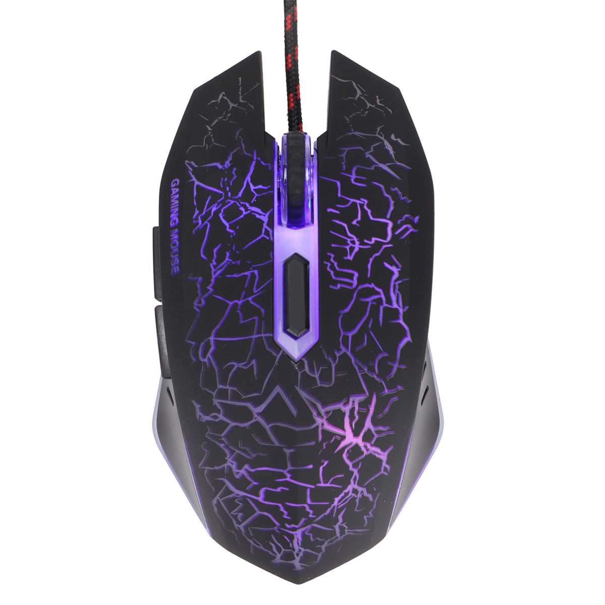 Schwarze Gaming-Maus mit lila Rissmuster, Draufsicht.