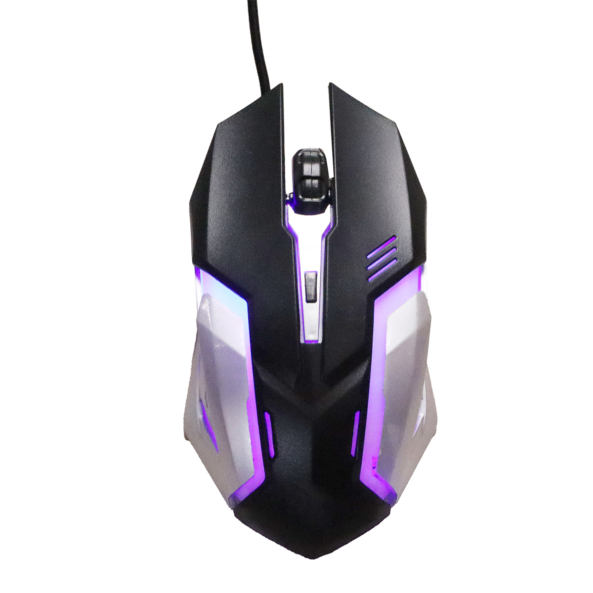 Eine schwarze Gaming-Maus mit lila und weißen Lichtern. Sie hat einen Kabelanschluss.