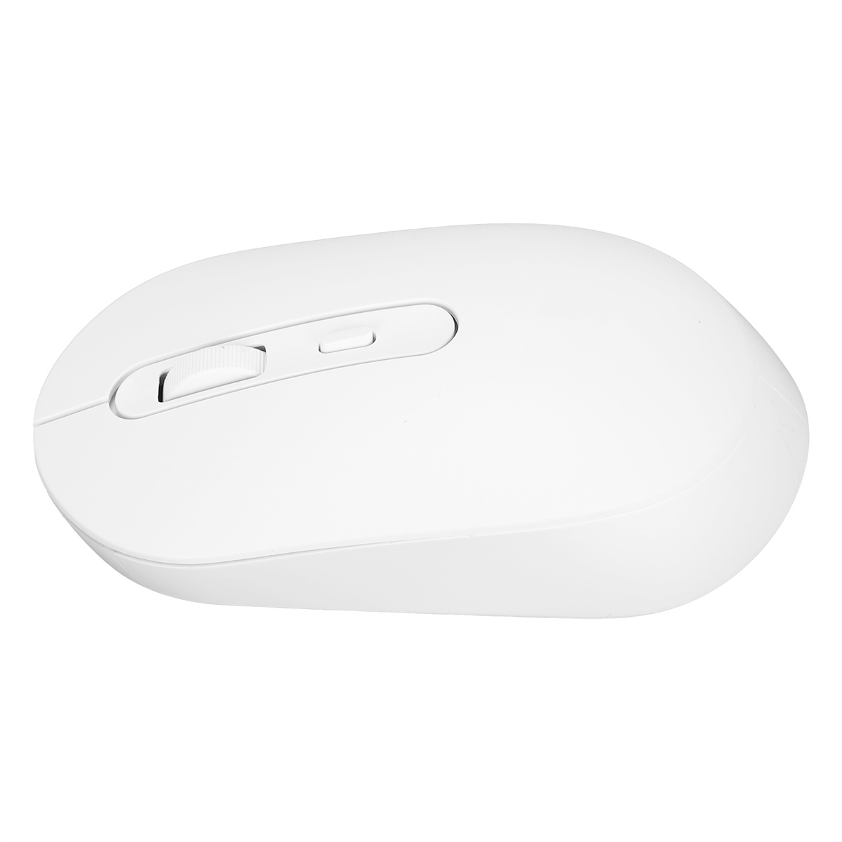 Weiße, ovale Computermaus mit Scrollrad und zwei Tasten.
