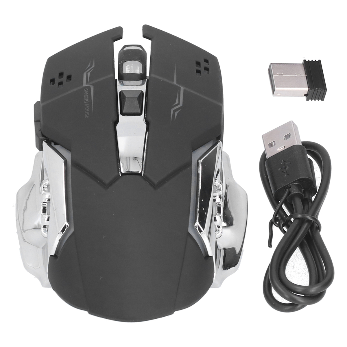 Schwarze und silberne Gaming-Maus mit USB-Empfänger und Ladekabel. Es hat mehrere Tasten.