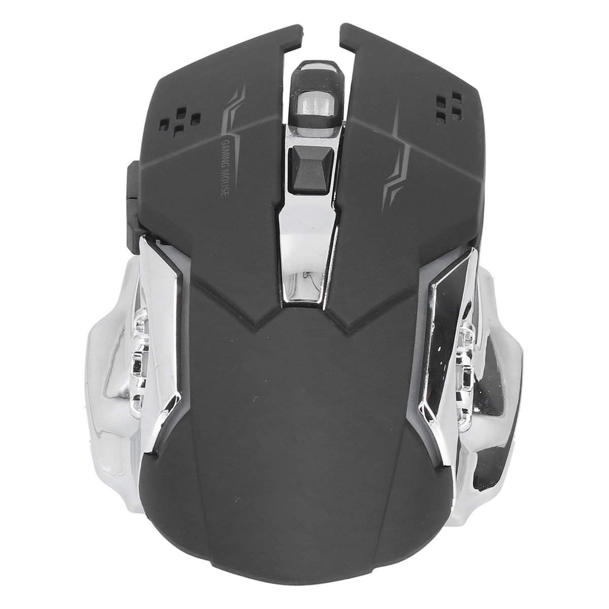 Eine schwarze Gaming-Maus mit Chromakzenten. Sie hat ein Scrollrad und mehrere Tasten.