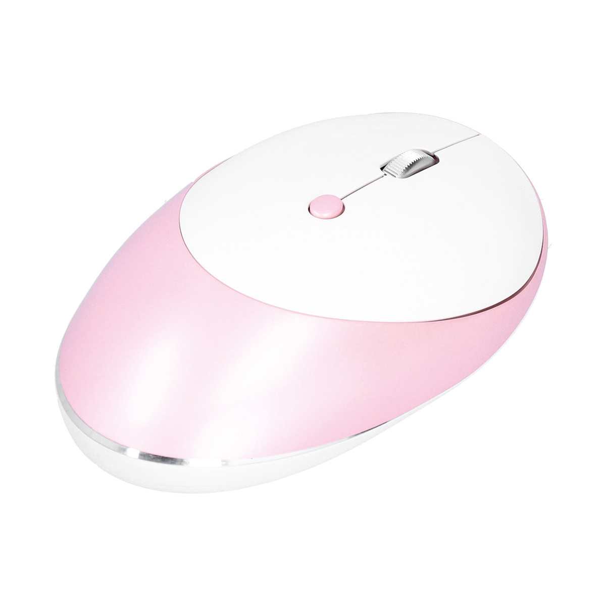 Drahtlose Maus in Pink und Weiß, mit Scrollrad und einer einzelnen Taste in der Mitte.