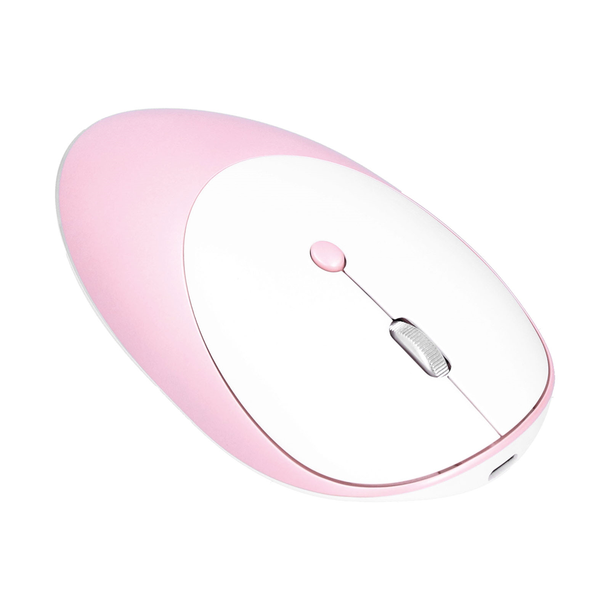 Drahtlose Maus in Rosa und Weiß mit Scrollrad und Ladeanschluss.