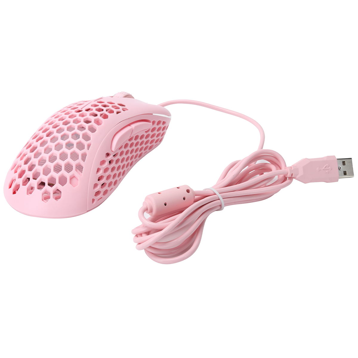 Rosa Gaming-Maus mit Wabenmuster, rosa Kabel und USB-Anschluss, auf weißer Oberfläche.