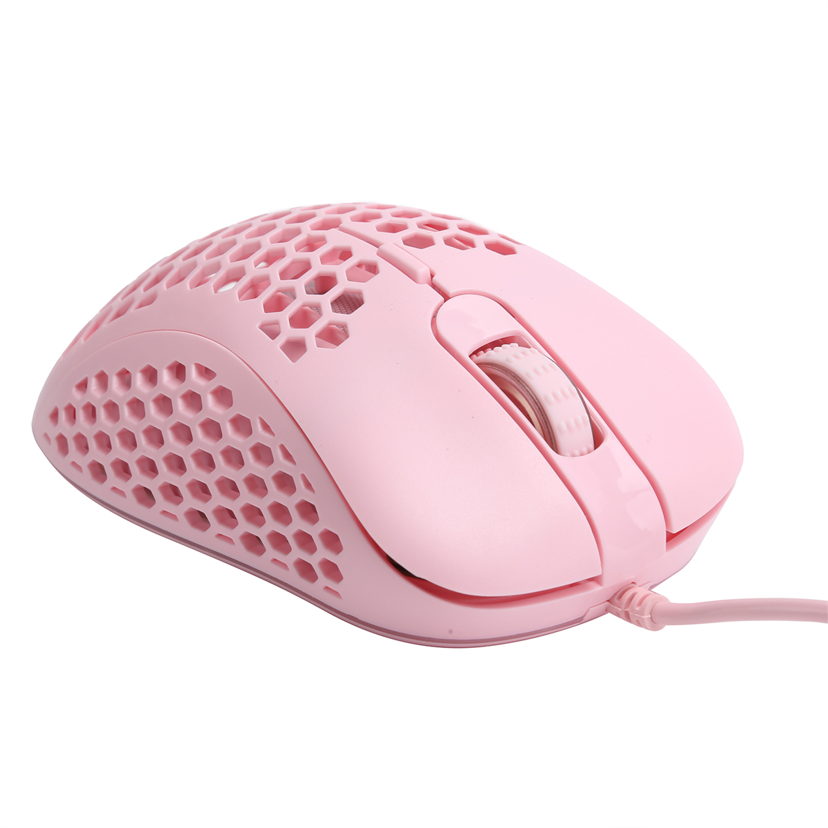 Pinke Gaming-Maus mit Wabenmuster und Kabel.