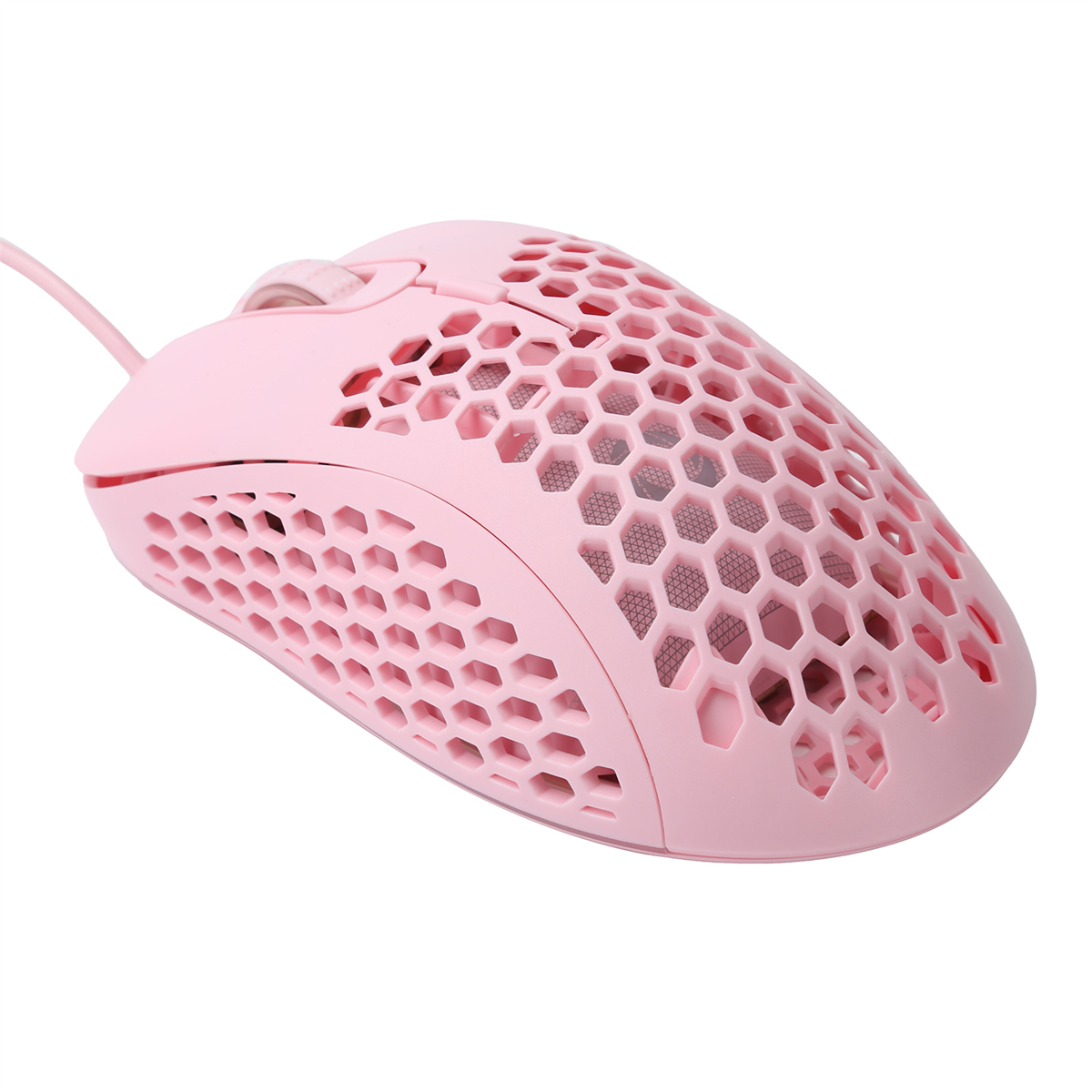 Rosa Gaming-Maus mit Wabenmuster. Es hat ein Kabel und befindet sich auf weißem Hintergrund.