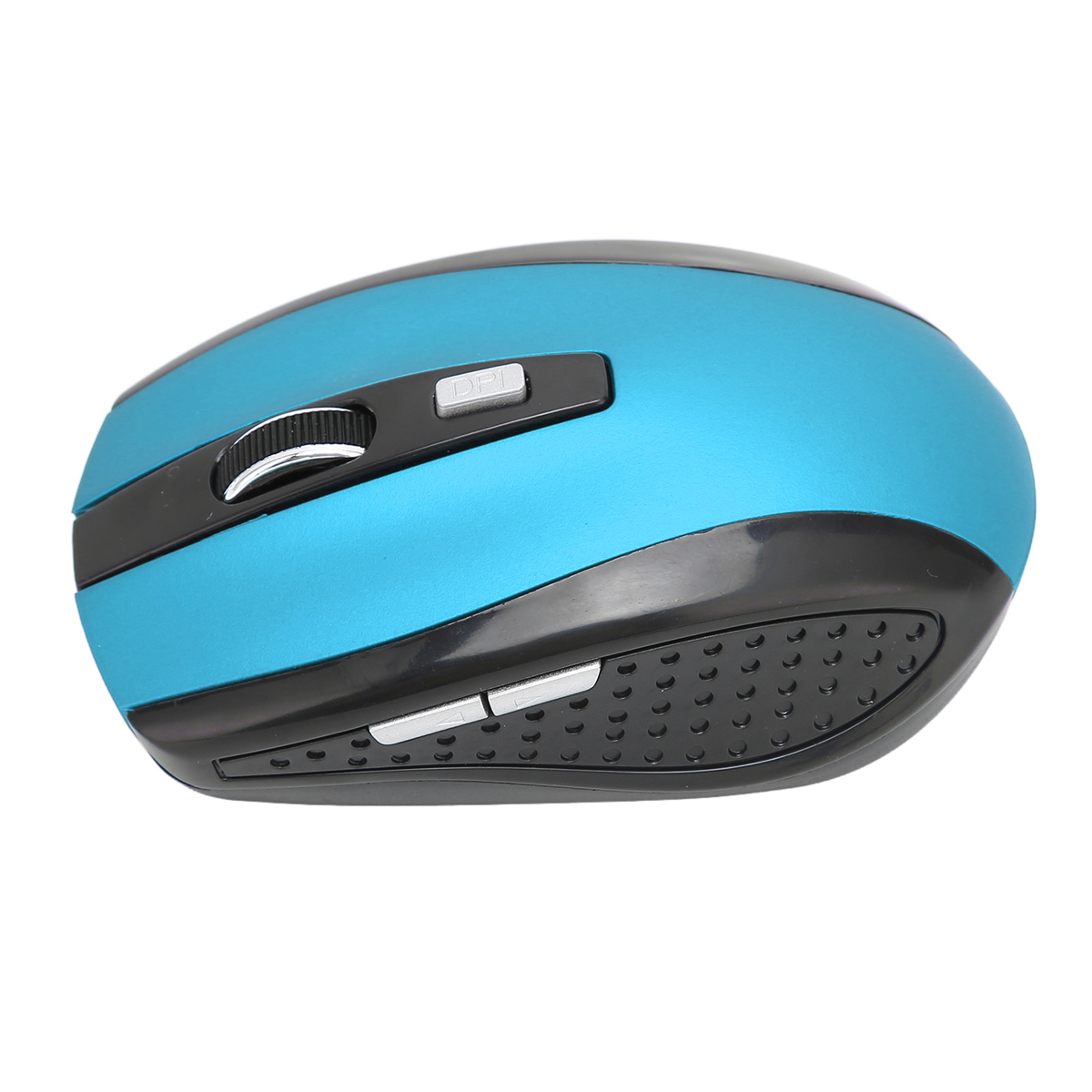 Eine blaue und schwarze Computermaus mit Scrollrad und DPI-Taste.