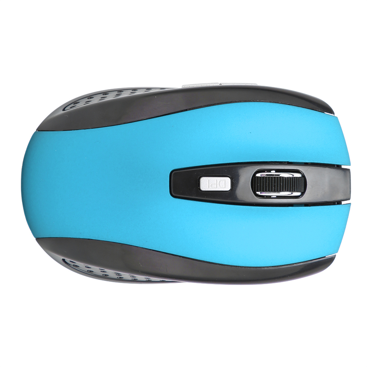 Blau-schwarze Computermaus, Draufsicht. Mit Scrollrad und DPI-Taste.