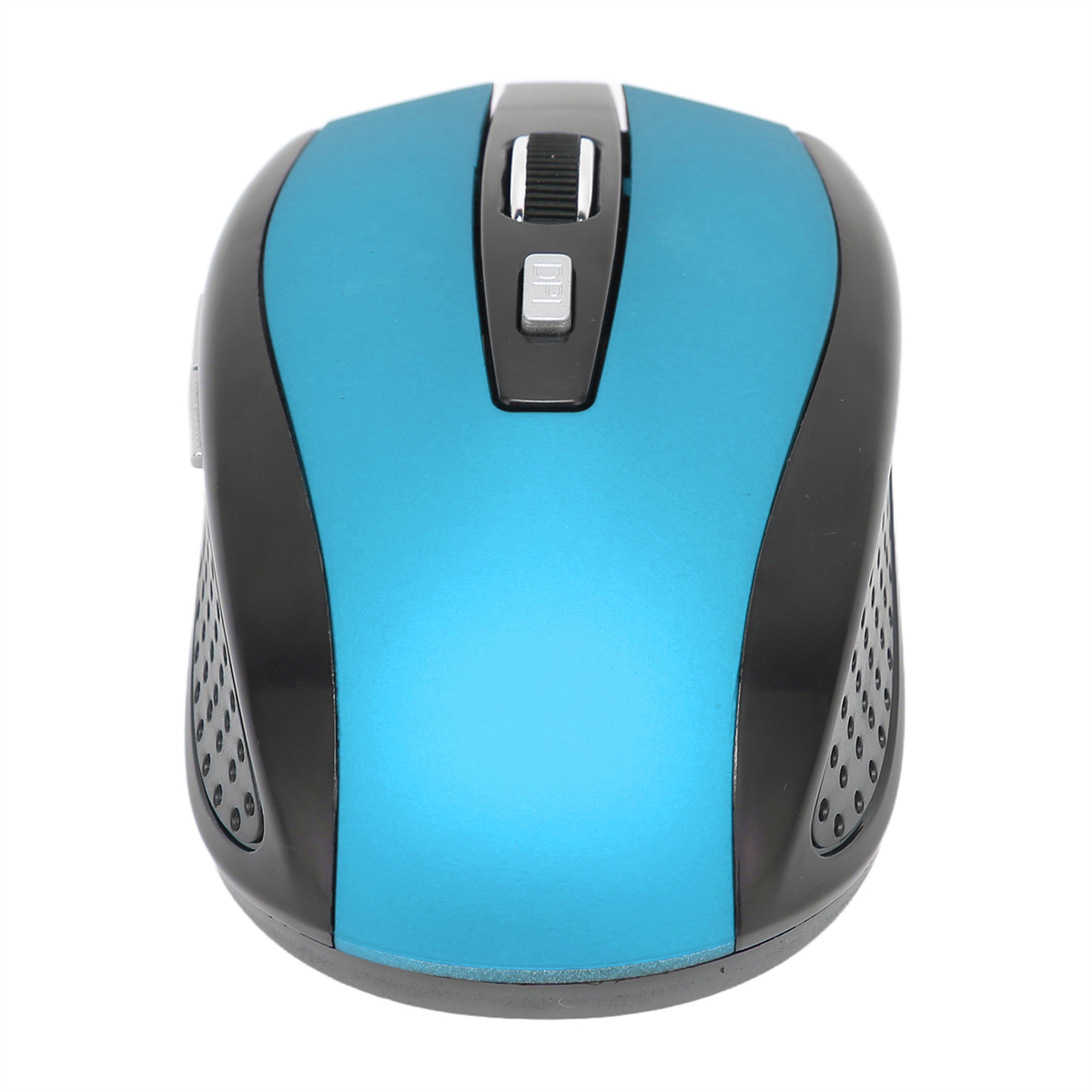 Blaue und schwarze Computermaus. Sie hat ein Scrollrad und eine DPI-Taste. Weißer Hintergrund.