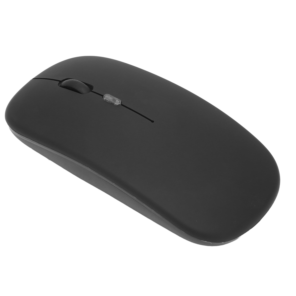 Eine schwarze kabellose Computermaus mit Scrollrad und zwei Tasten. Die Maus befindet sich auf weißem Hintergrund.