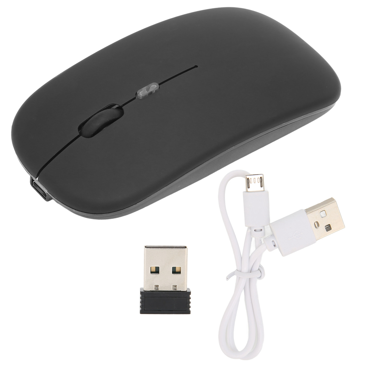 Schwarze, kabellose Maus mit USB-Empfänger und Ladekabel auf weißem Hintergrund.