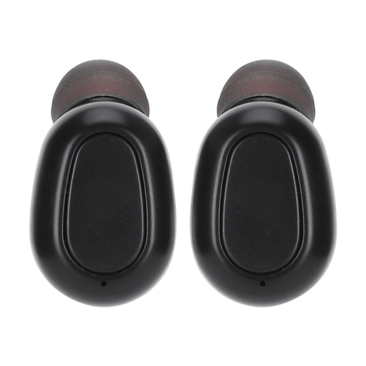 Zwei schwarze, oval geformte Ohrhörer mit dunkelroten Spitzen.