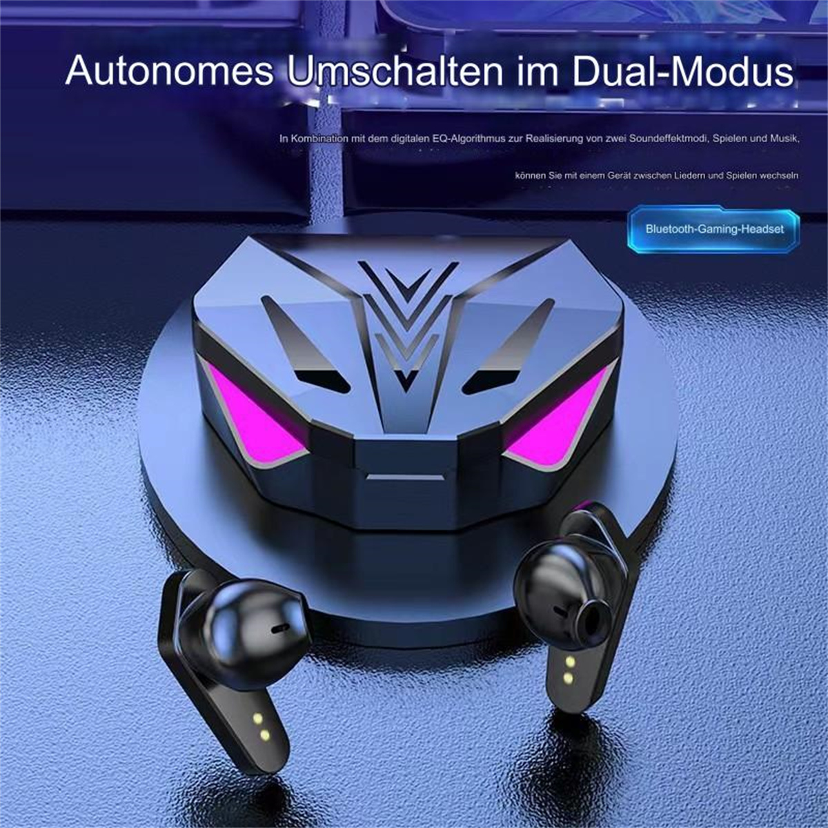 Schwarzes Gaming-Headset mit Case und Ohrhörern. Pinke Lichter.